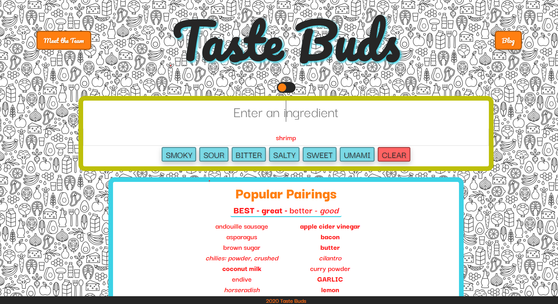 screen shot of a web application called 'Taste Buds' where users can search for flavor pairings